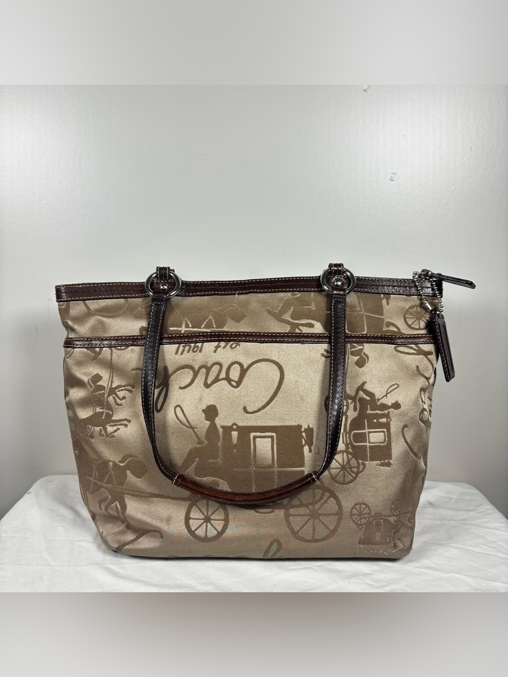 Coach Signature Khaki Satin Horse Carriage Brown Leather Handbag A1049-f14482